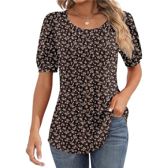 Women's Puff Short Sleeve Tunic Tops Pleated Crew Neck Blouses Casual Loose - Picture 1 of 6